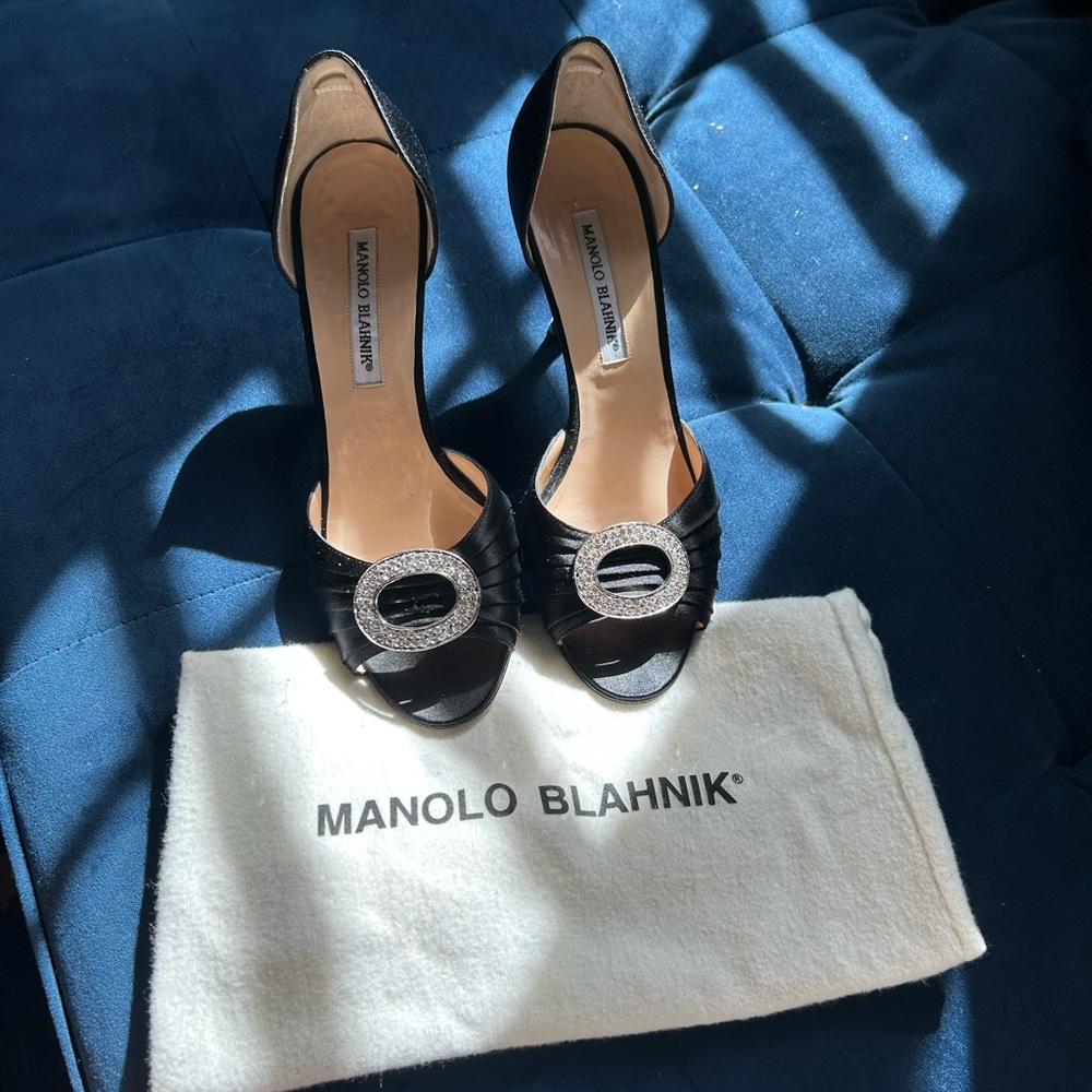 Manolo blahnik black satin sedaraby d’orsay heels
